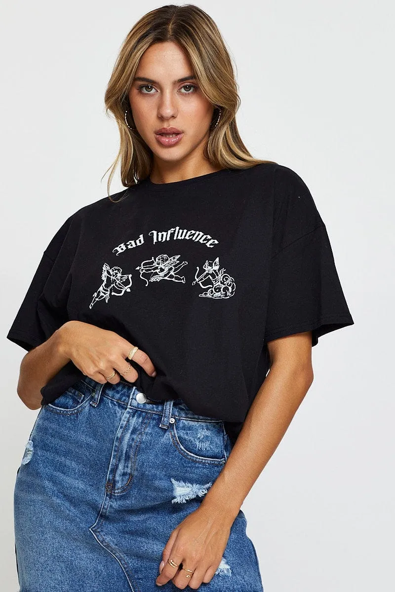 Black Graphic T Shirt Short Sleeve Crop Feminine Touch semi-formal style