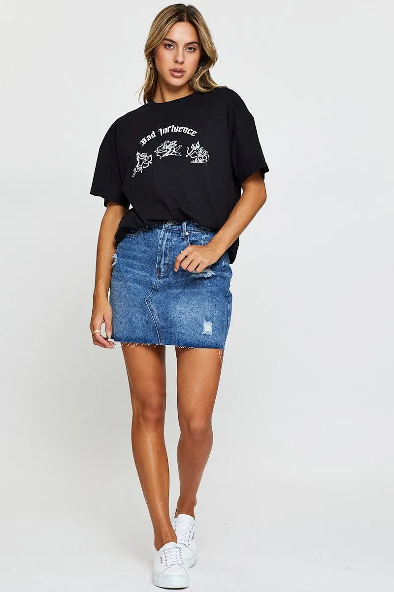 Black Graphic T Shirt Short Sleeve Crop Basic Wear Simple and Comfortable