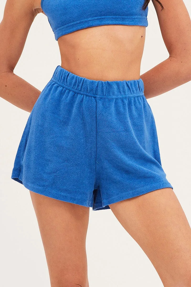 Blue Mini Shorts High Rise Terry Soft Stretch Summer Mood