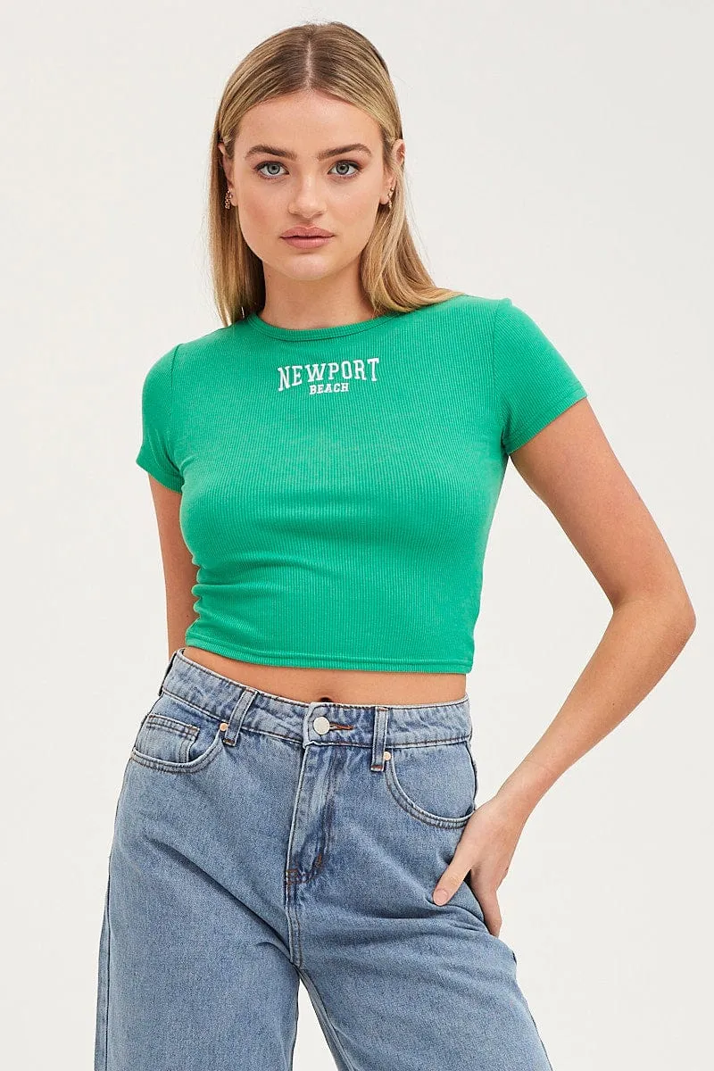 Green Graphic Top Short Sleeve Easy Fit Wear Trendy Look