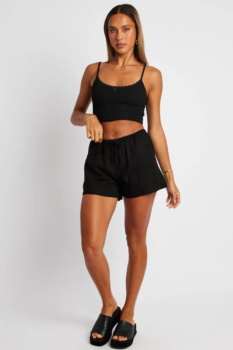 Black Shorts High Rise Elasticated Waist Linen Blend Wind Resistant Panels