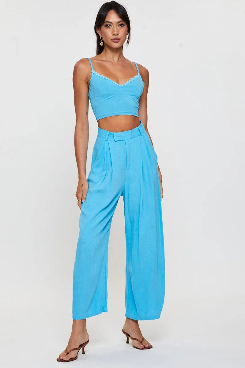 Blue Crop Top Lace HighDensity Weave Breathable knit