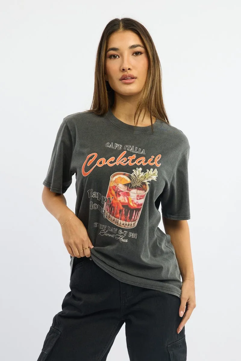 Trendy Vibes Grey Graphic Tee Short Sleeve Garment Washed