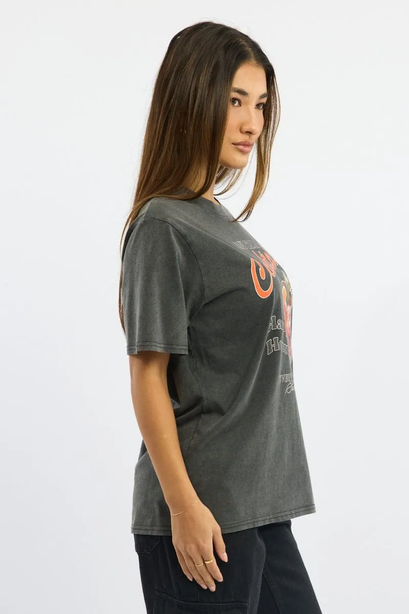 Classic Design Grey Graphic Tee Short Sleeve Garment Washed