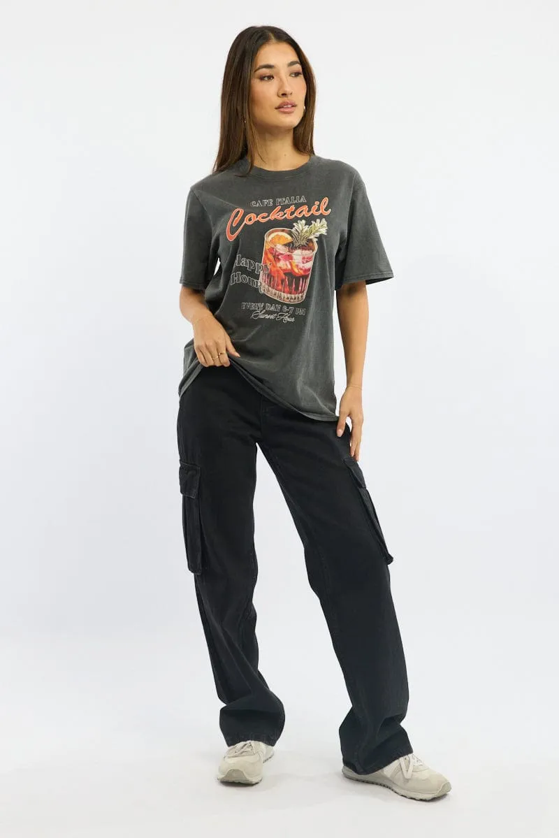 Recycled Polyester Blend Grey Graphic Tee Short Sleeve Garment Washed
