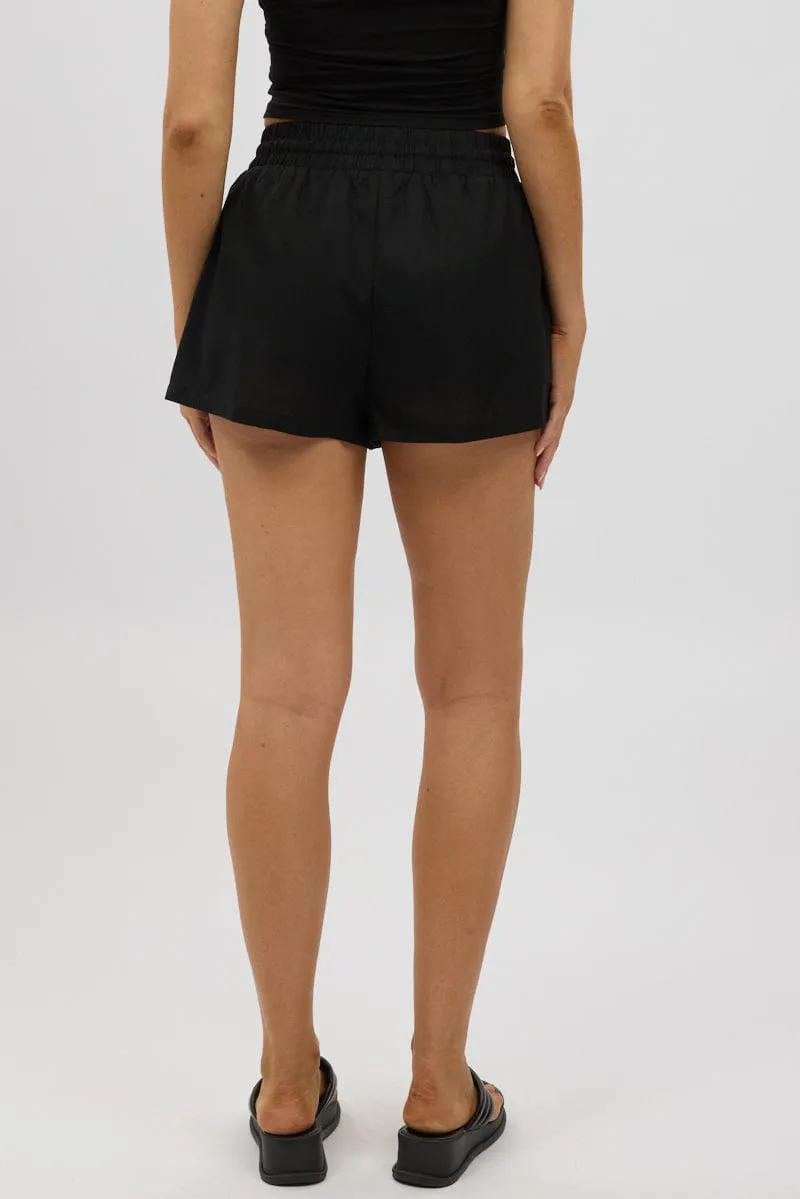 Black Shorts Elasticated Waist Geometric Pattern fade - resistant