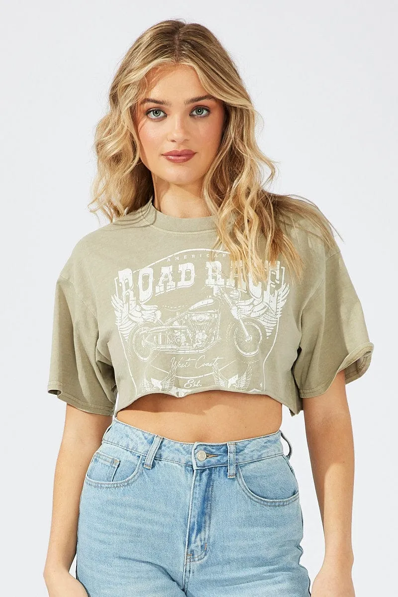 Versatile Fashion Green Graphic Tee Short Sleeve Crop Round Neck
