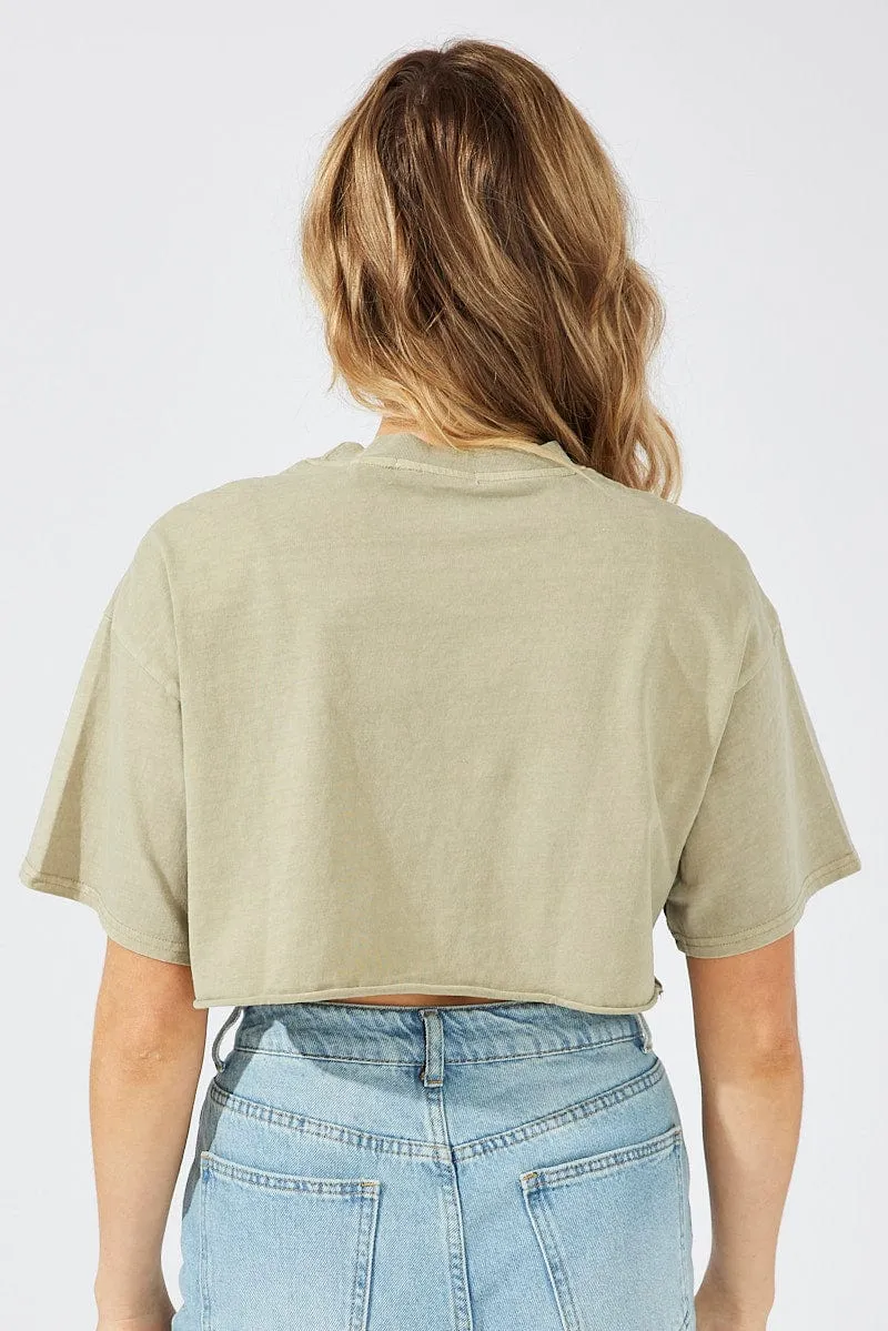 Outdoor Layer Green Graphic Tee Short Sleeve Crop Round Neck