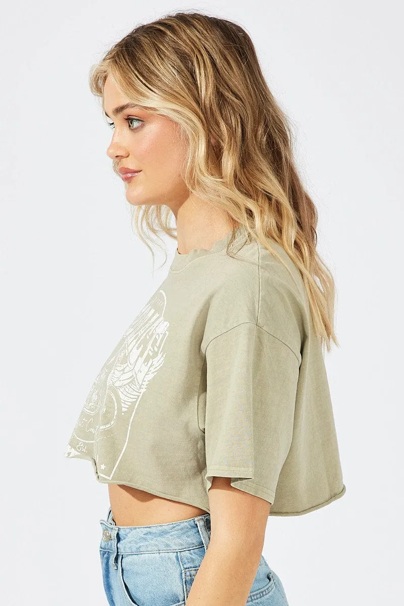 Green Graphic Tee Short Sleeve Crop Round Neck Limited Edition Pre Shrunk Cotton
