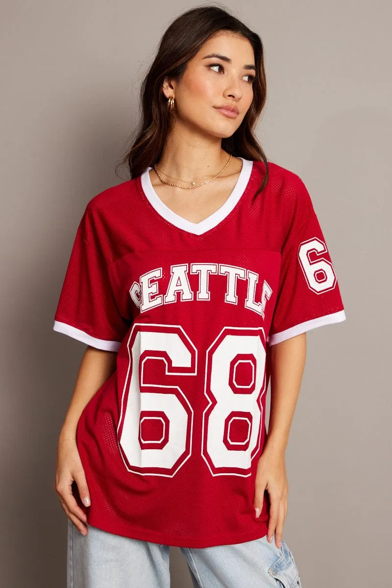All-Purpose Wear Wear Resistant Fabric Red Graphic Tee Short Sleeve