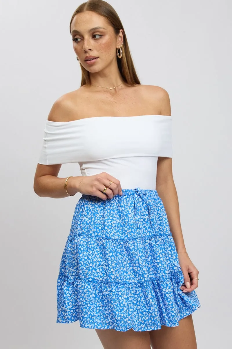 Blue Ditsy Skater Skirt High Rise Tiered Mini Lined Travel Influence Sporty Edge