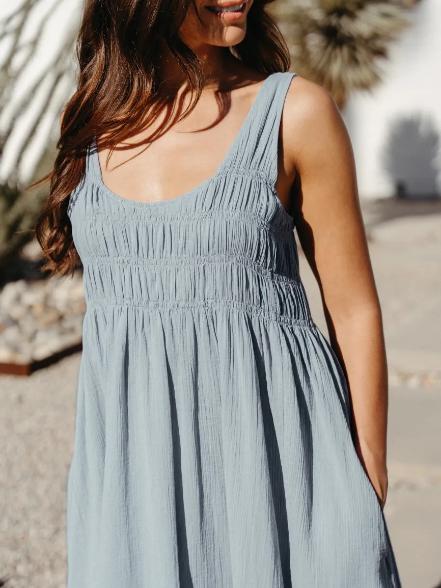 Del Monte Midi Cotton Dress Slate Blue Elegant fit-and-flare dress Dinner Hall