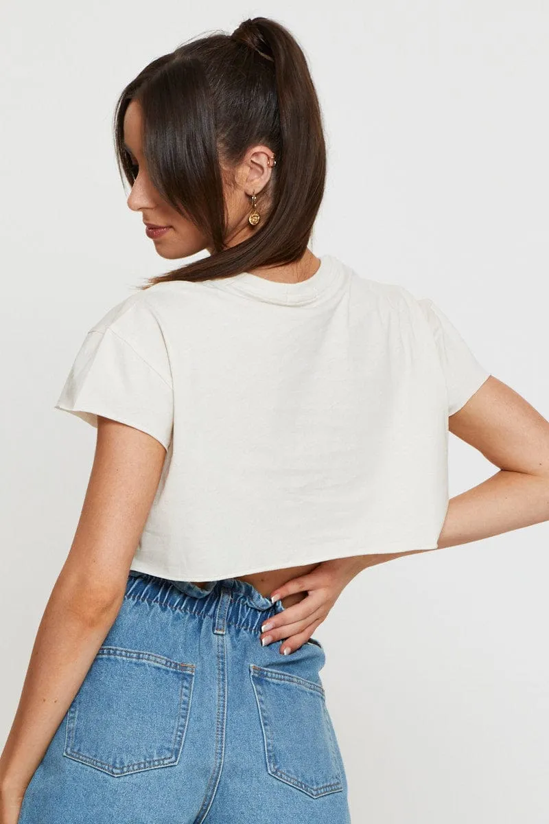 Beige Graphic Crop Top Short Sleeve Breathable mesh panel