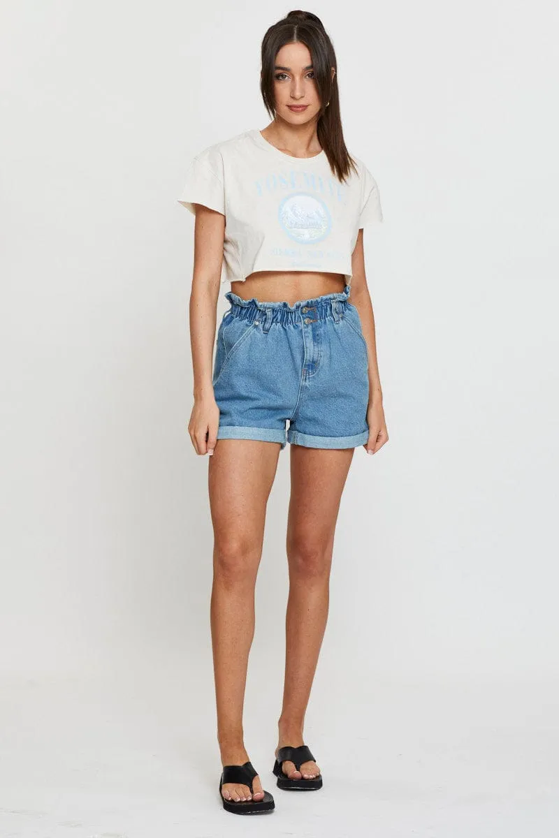 Beige Graphic Crop Top Short Sleeve Drip Dry Fabric sports activity