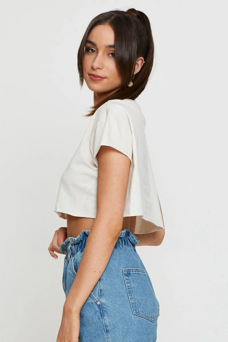 Beige Graphic Crop Top Short Sleeve Sustainable Textile
