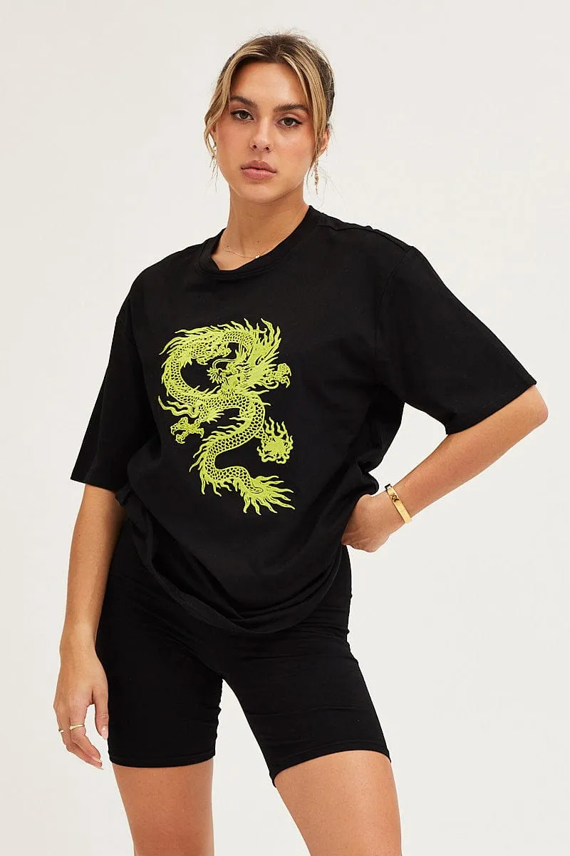 Relaxing Day Black Crew Neck Oversized Graphic T-Shirt