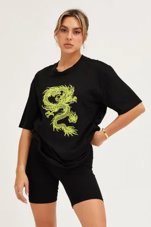 Relaxing Day Black Crew Neck Oversized Graphic T-Shirt