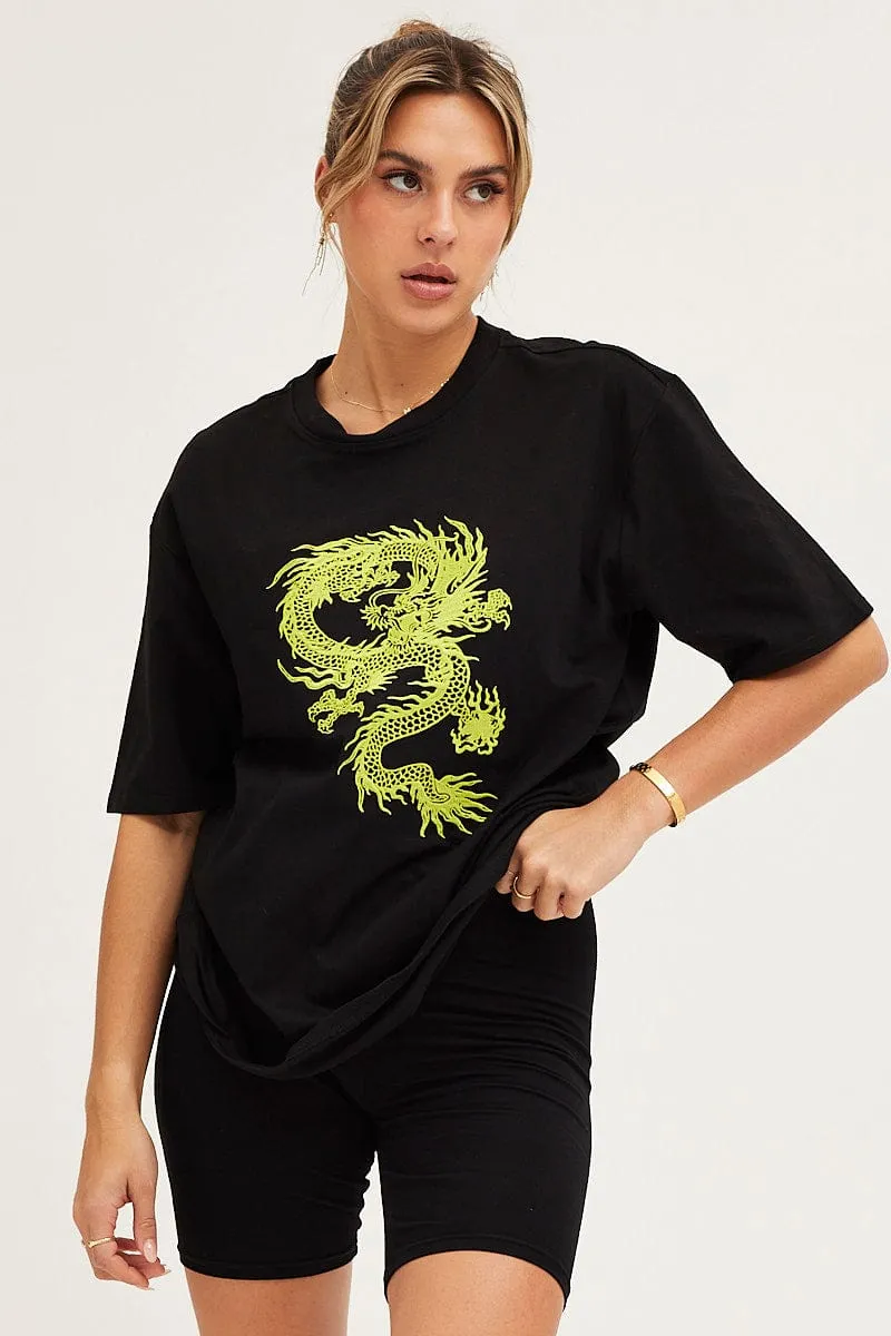 Functional Style Wear Resistant Fabric Black Crew Neck Oversized Graphic T-Shirt
