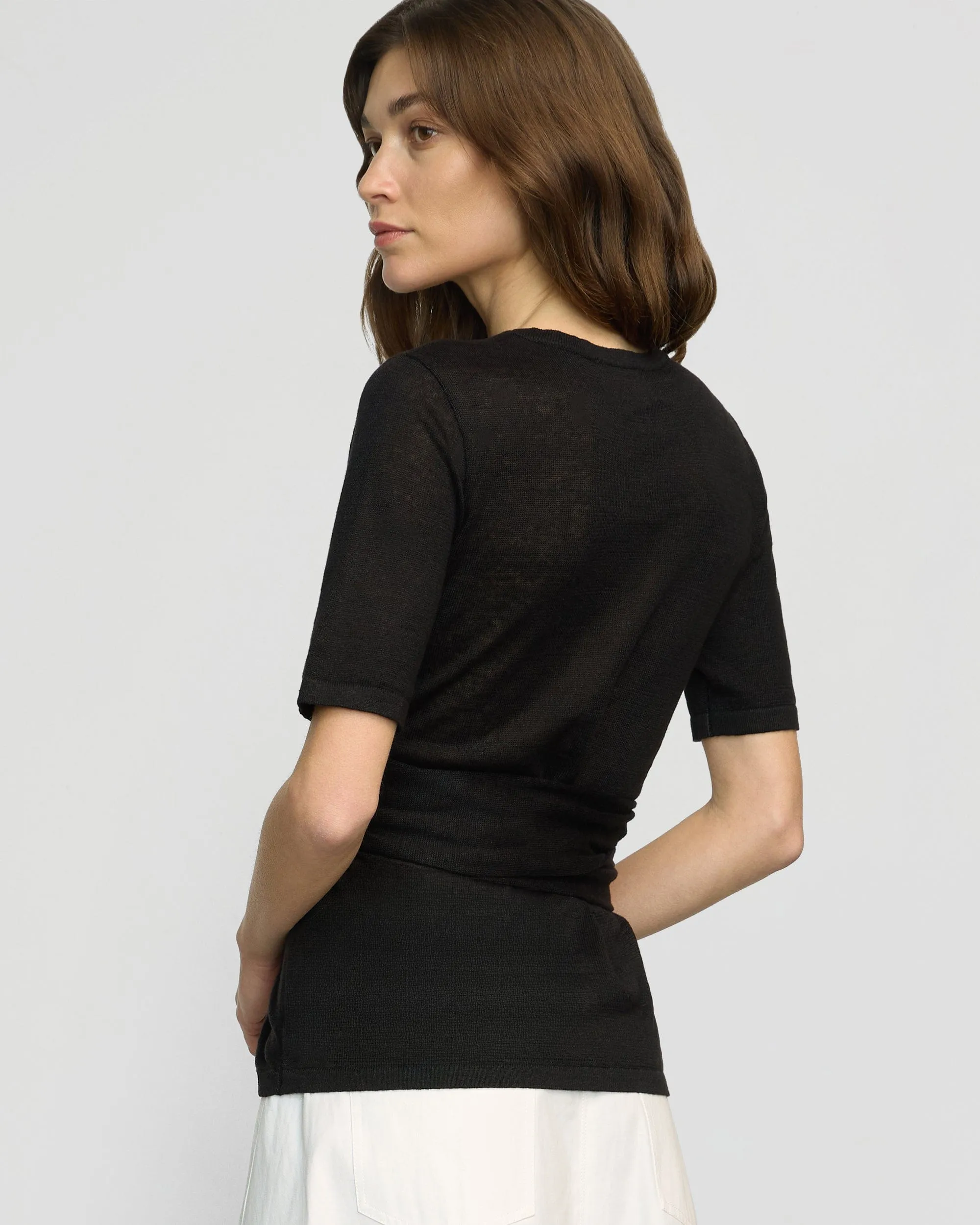 Reinforced Shoulder Design Lark Tie-Front Linen Sweater