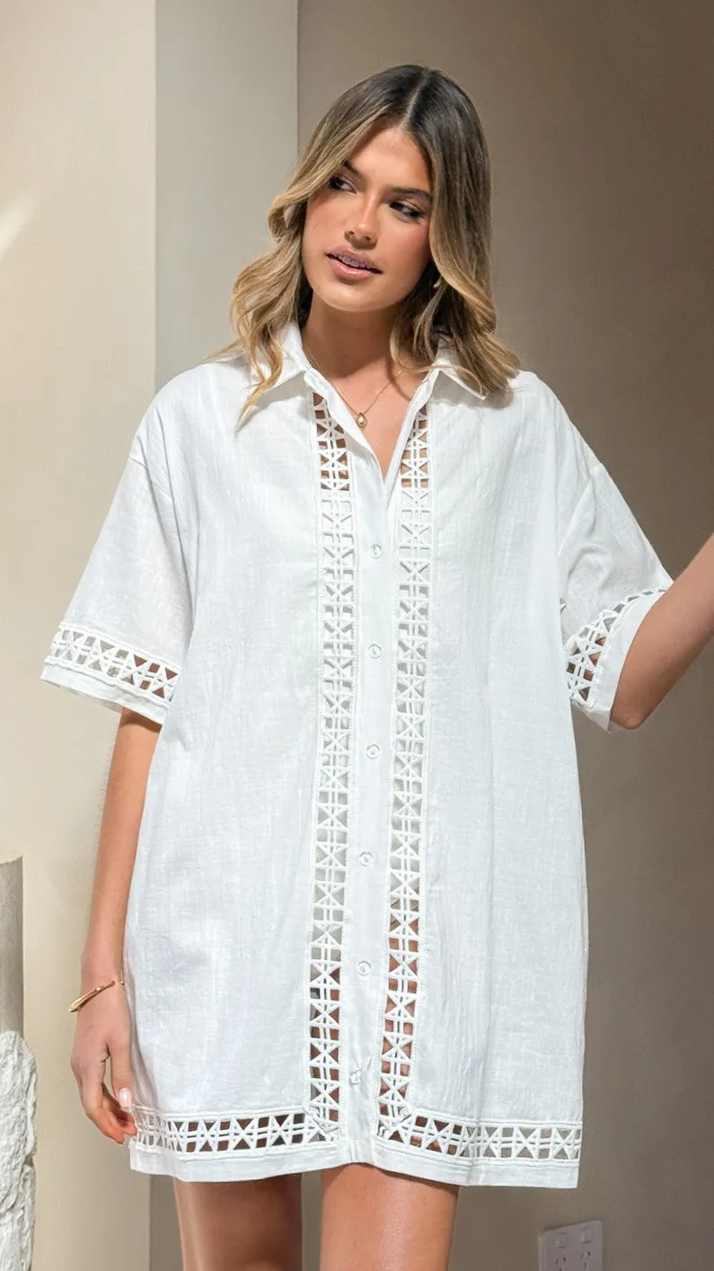 Halia Mini Shirt Dress - White Floral Chic