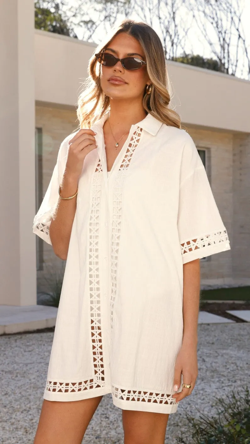 Halia Mini Shirt Dress - White Double Layered Hem Odor Resistant
