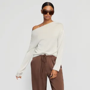 Ribbed Hem Luxury Fiber Blend Hachi Tencel-Wool Off-Shoulder Sweater