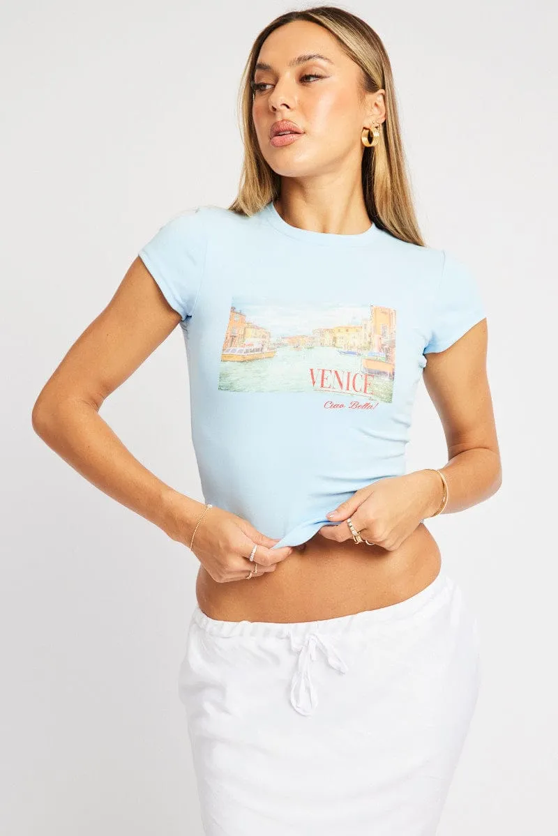 Blue Graphic Tee Short Sleeve Anti Bacterial Treatment