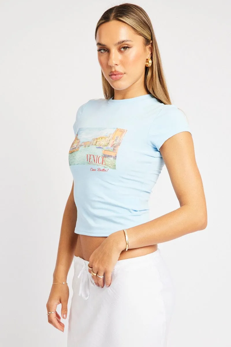 Layered Sleeve Construction PocketDetail Blue Graphic Tee Short Sleeve