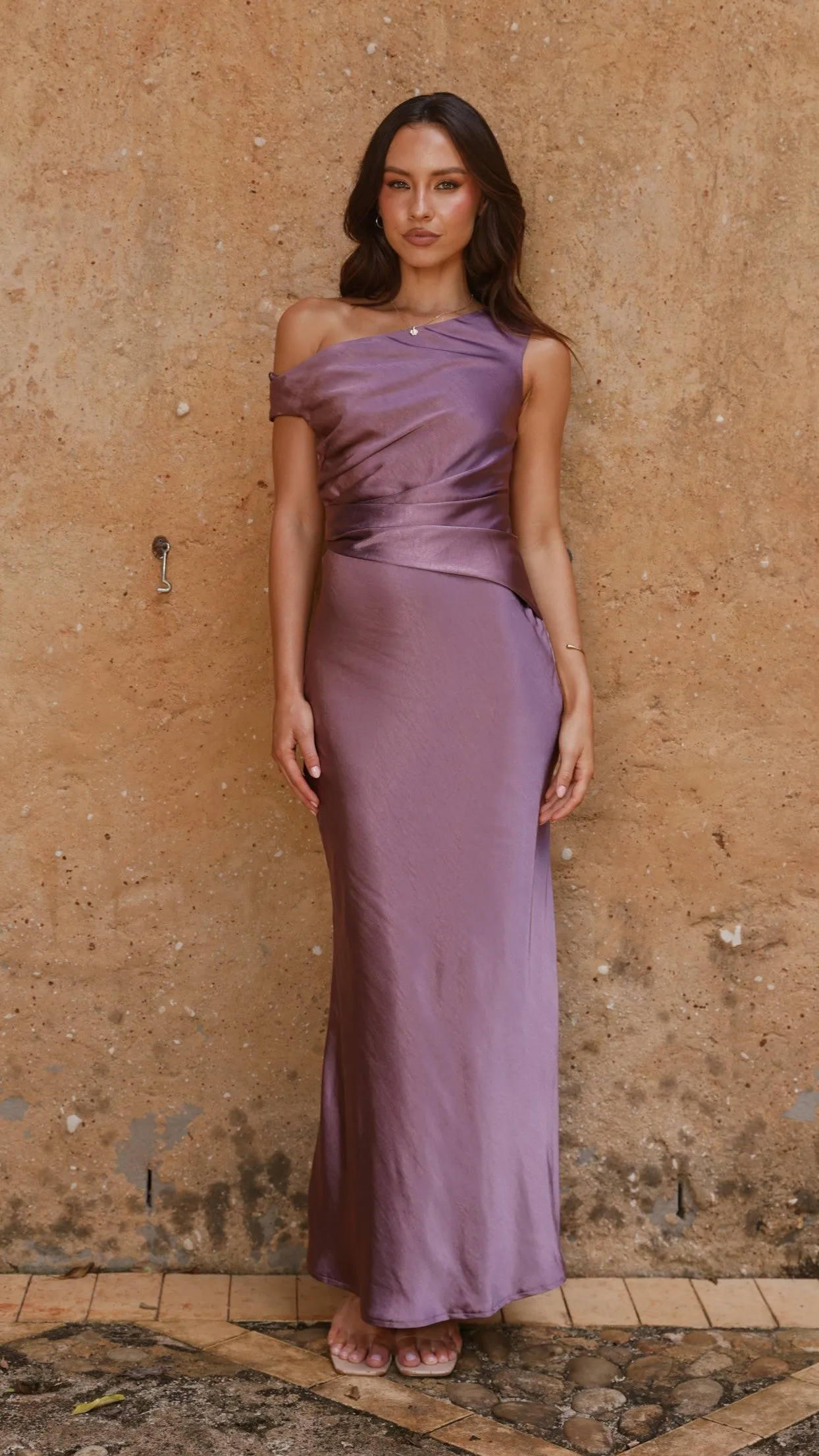 Knot Glow This maxi dress creates an elegant silhouette without sacrificing comfort Auria Off Shoulder Maxi Dress - Plum