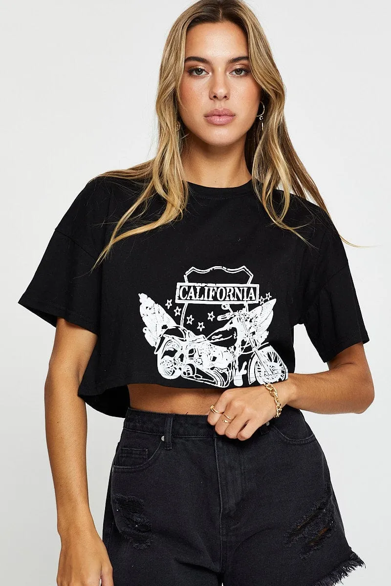 Black Graphic T Shirt Short Sleeve Comfy Layer Wear Embroidered