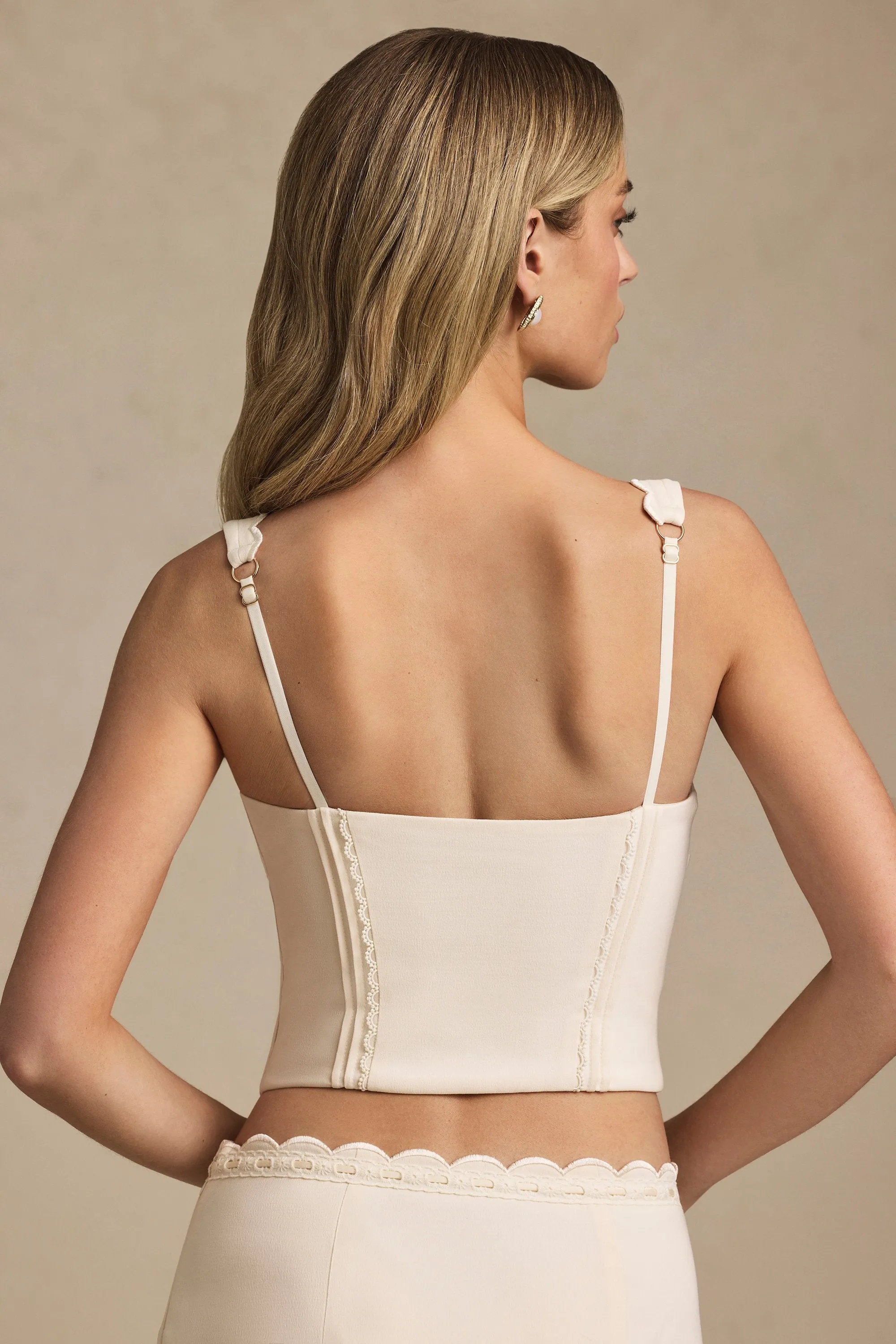Craft Edge Jewel tone Plunge-Neck Scalloped Corset Top in Ivory