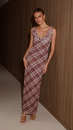 Fashionable day-to-night gown Harena Off Shoulder Maxi Dress - Brown Plaid Print