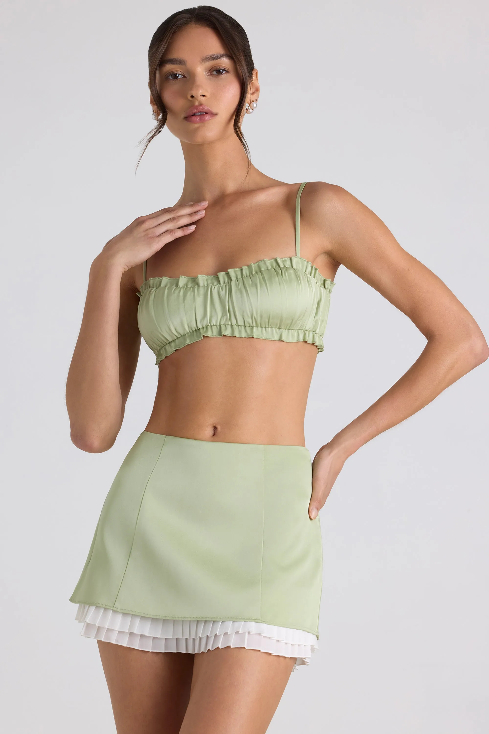 Layered Mid-Rise Mini Skirt in Spring Green Stretch Waist