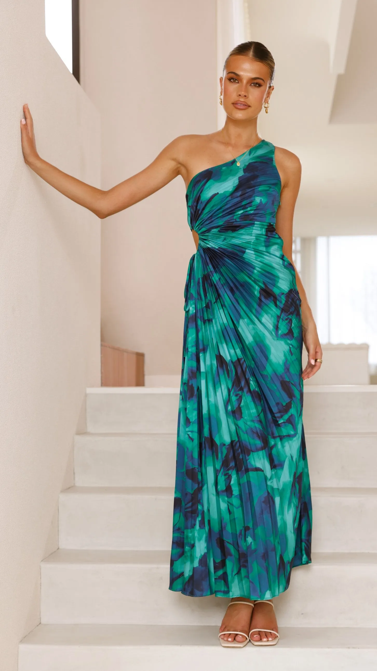 Laken Maxi Dress - Green Print Palm Shade Weave Glow
