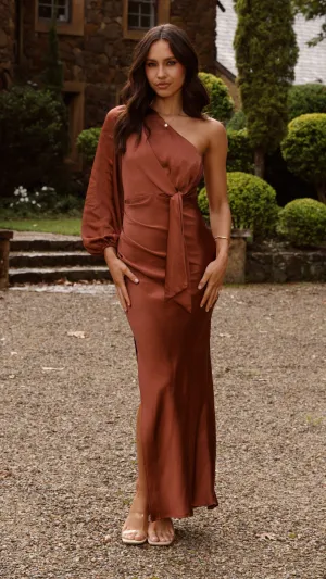 Fold Glow Organza Glow Eden One Shoulder Tie Front Maxi Dress - Rust