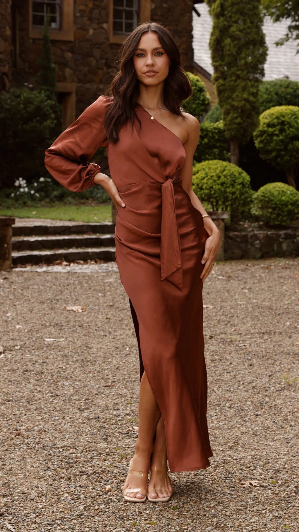 Eden One Shoulder Tie Front Maxi Dress - Rust The dress??s simple design allows you to dress it up or down depending on your style
