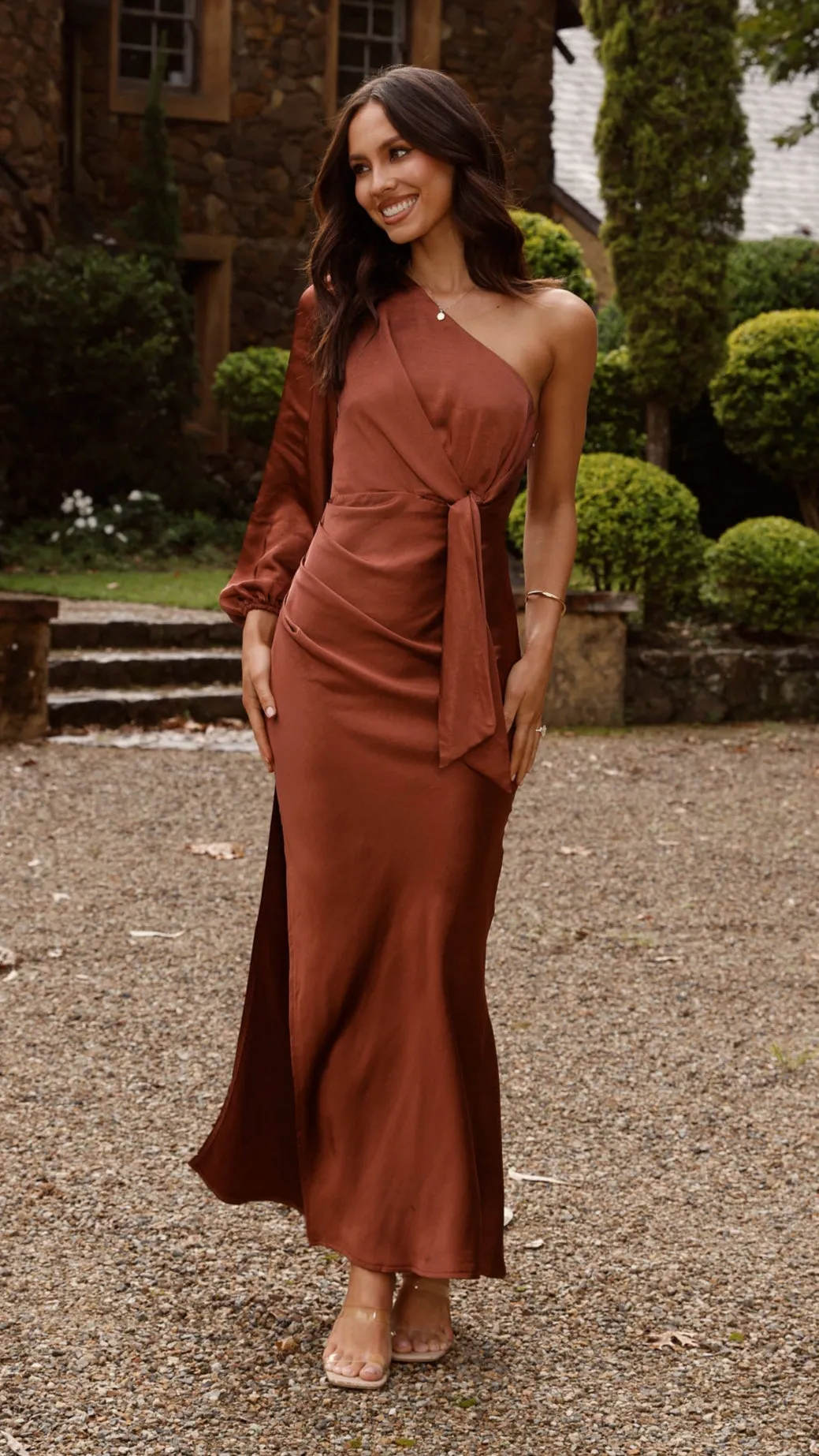 Eden One Shoulder Tie Front Maxi Dress - Rust Strong Aura Tulle Flow