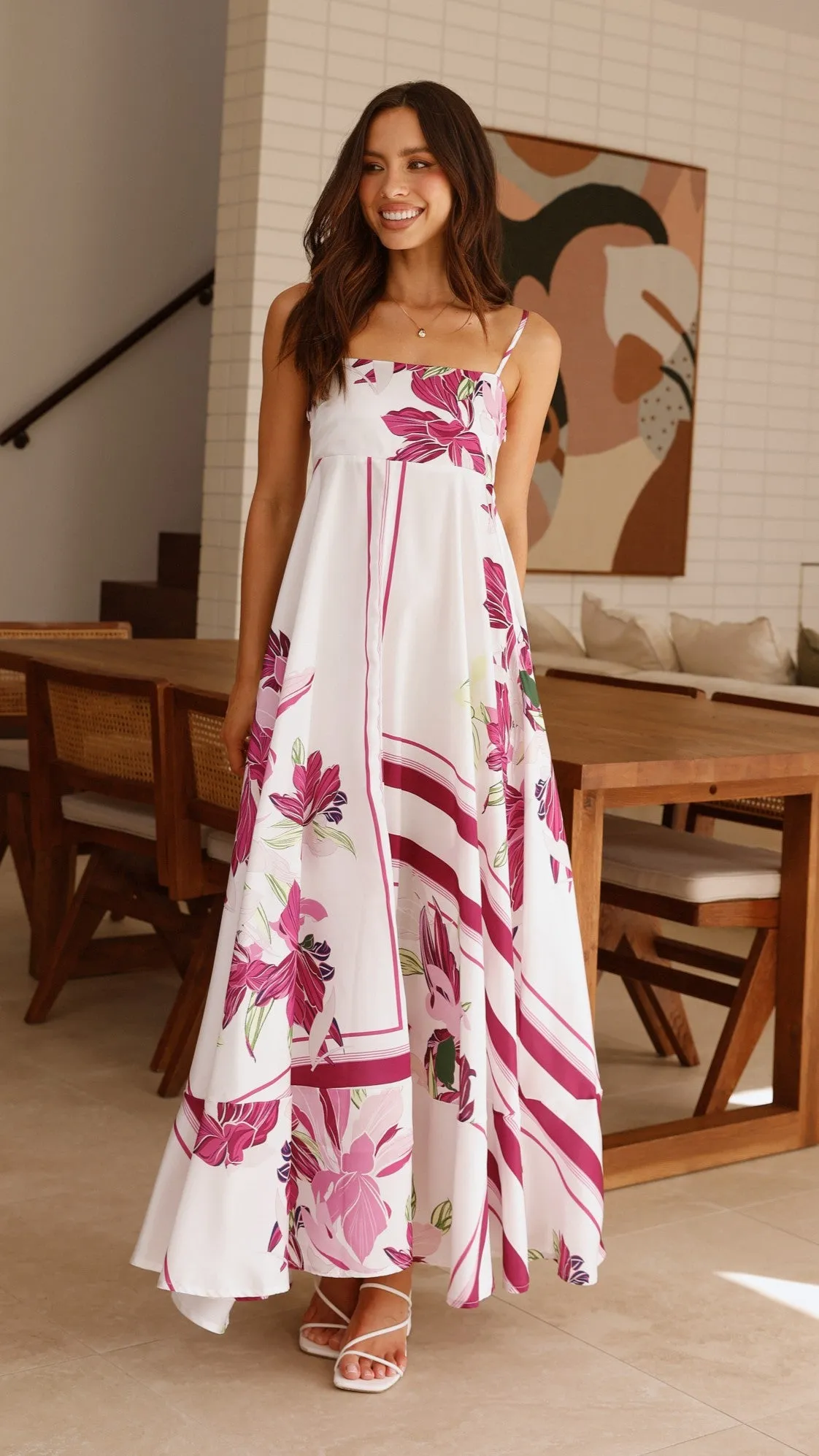 Front Button Azure Tide Kaethe Maxi Dress - White/Pink