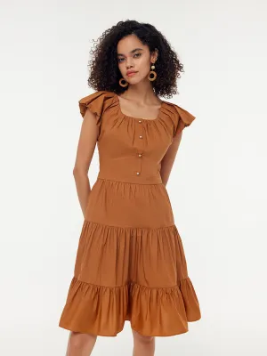 100% Cotton Ruffle Sleeve Gathered Waist Women Mini Dress Water Resistant