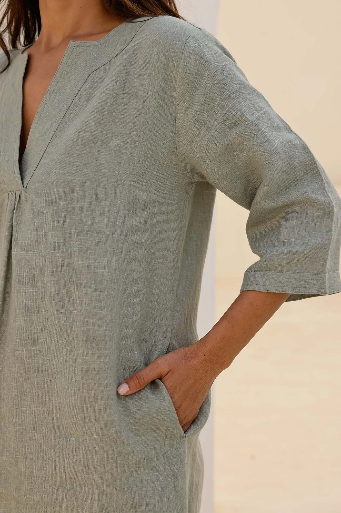Fun Pop Soft touch finish Calvi Linen Dress | Khaki
