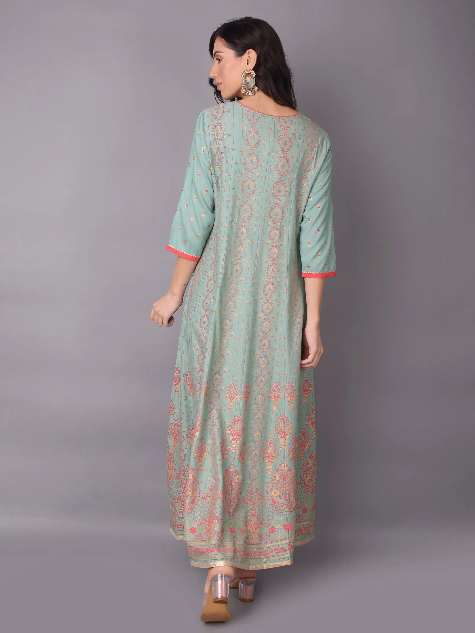 Stylish Look Soft Pants Women Green Ornamental Printed Dress
