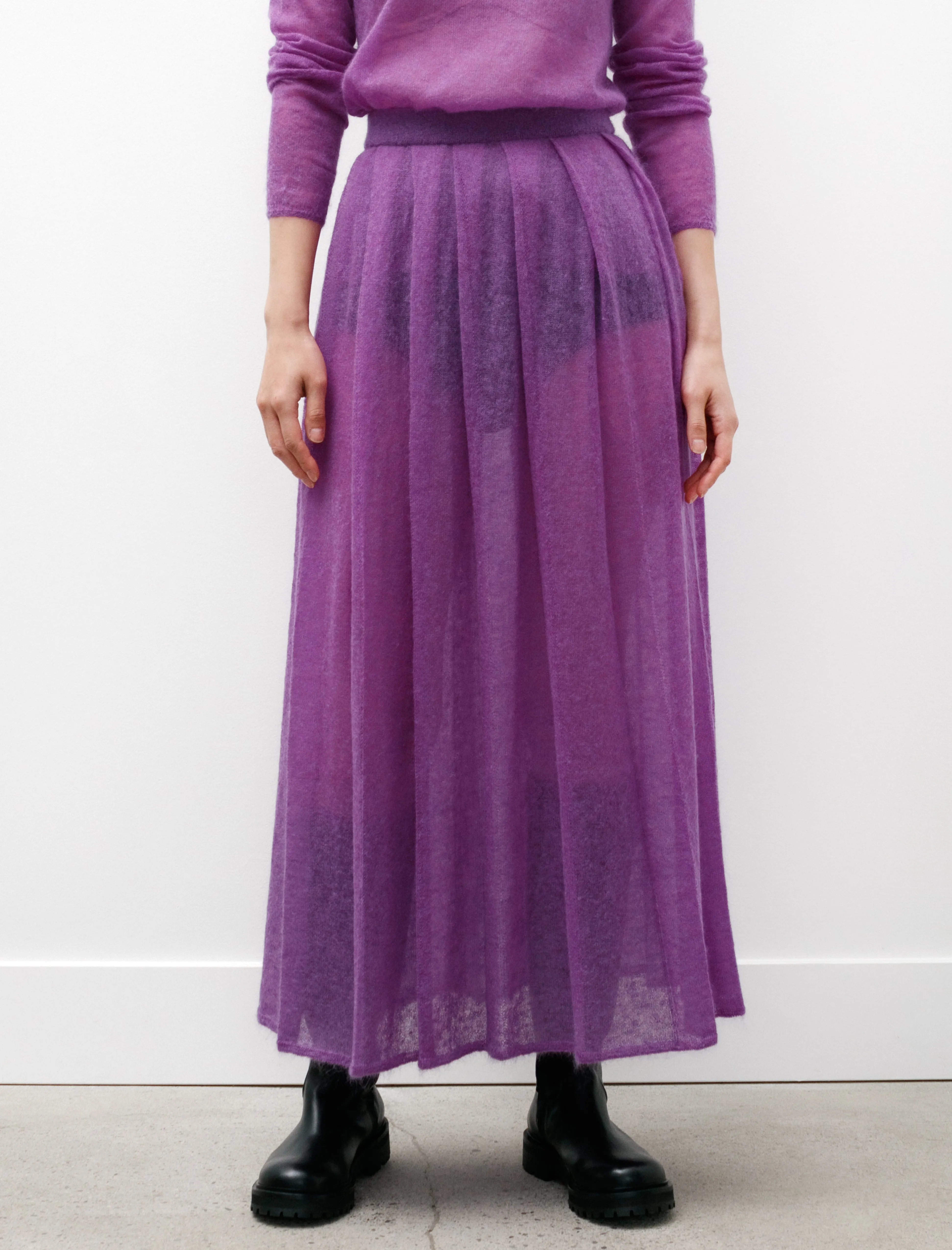 Gentle Flow Kid Mohair Sheer Knit Pleated Skirt Purple