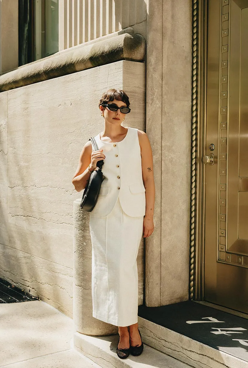 Teigan Linen Pencil Skirt - White MultiFunctional Pockets
