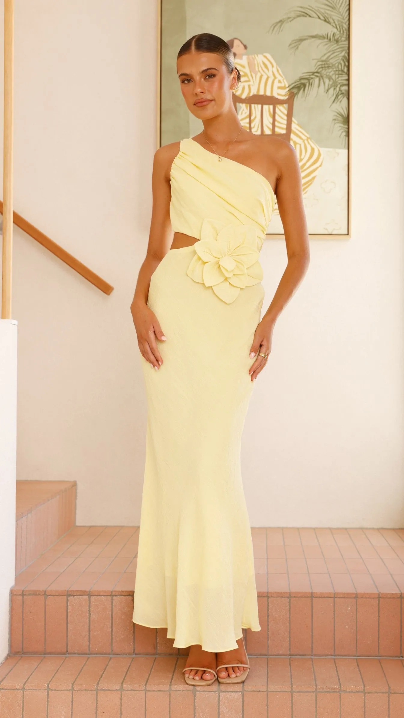 Beautiful floor-skimming dress Delicate formal gown Bloom One Shoulder Cut Out Maxi Dress - Yellow