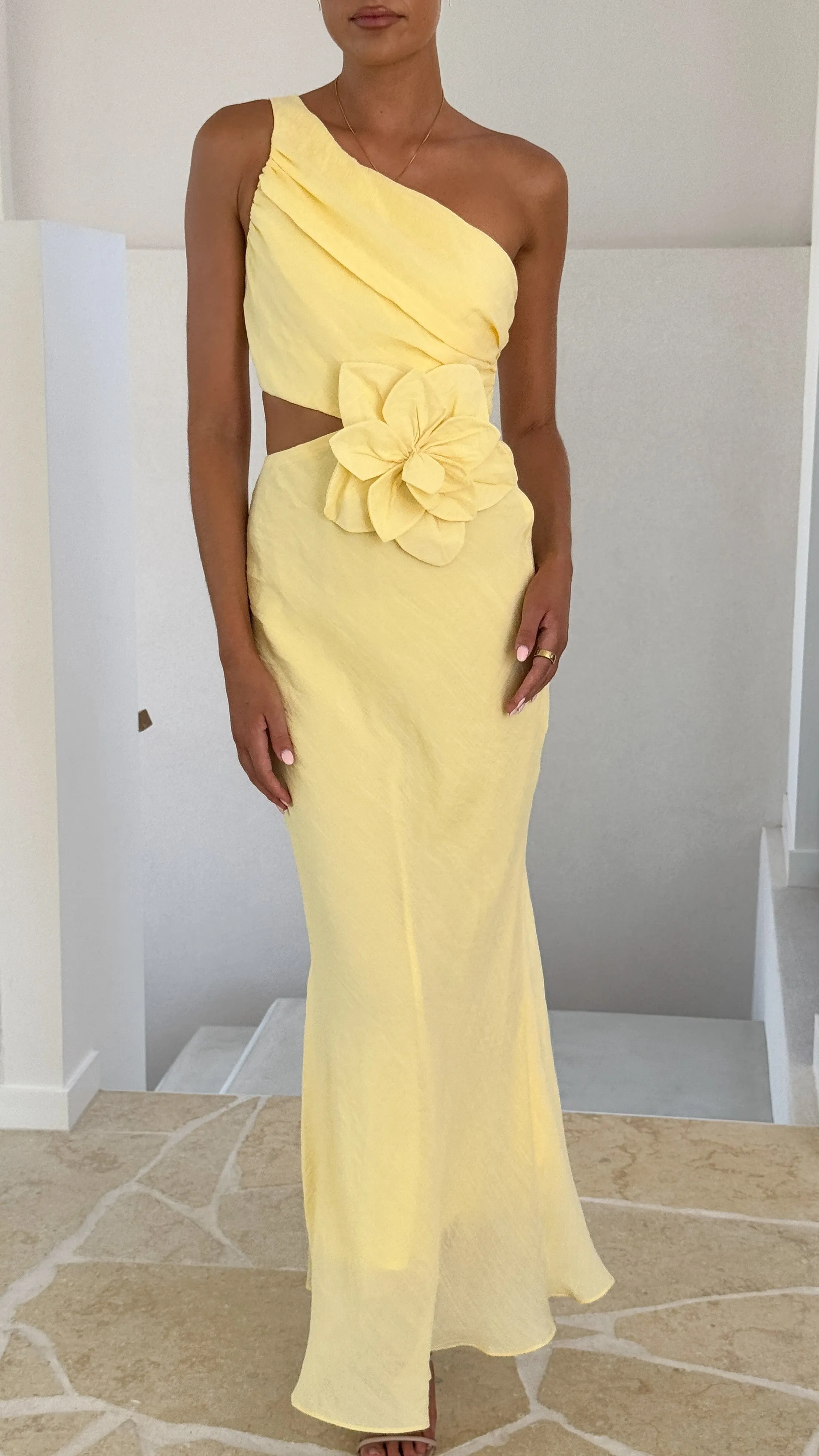 Bloom One Shoulder Cut Out Maxi Dress - Yellow Greek Touch Crepe Soft