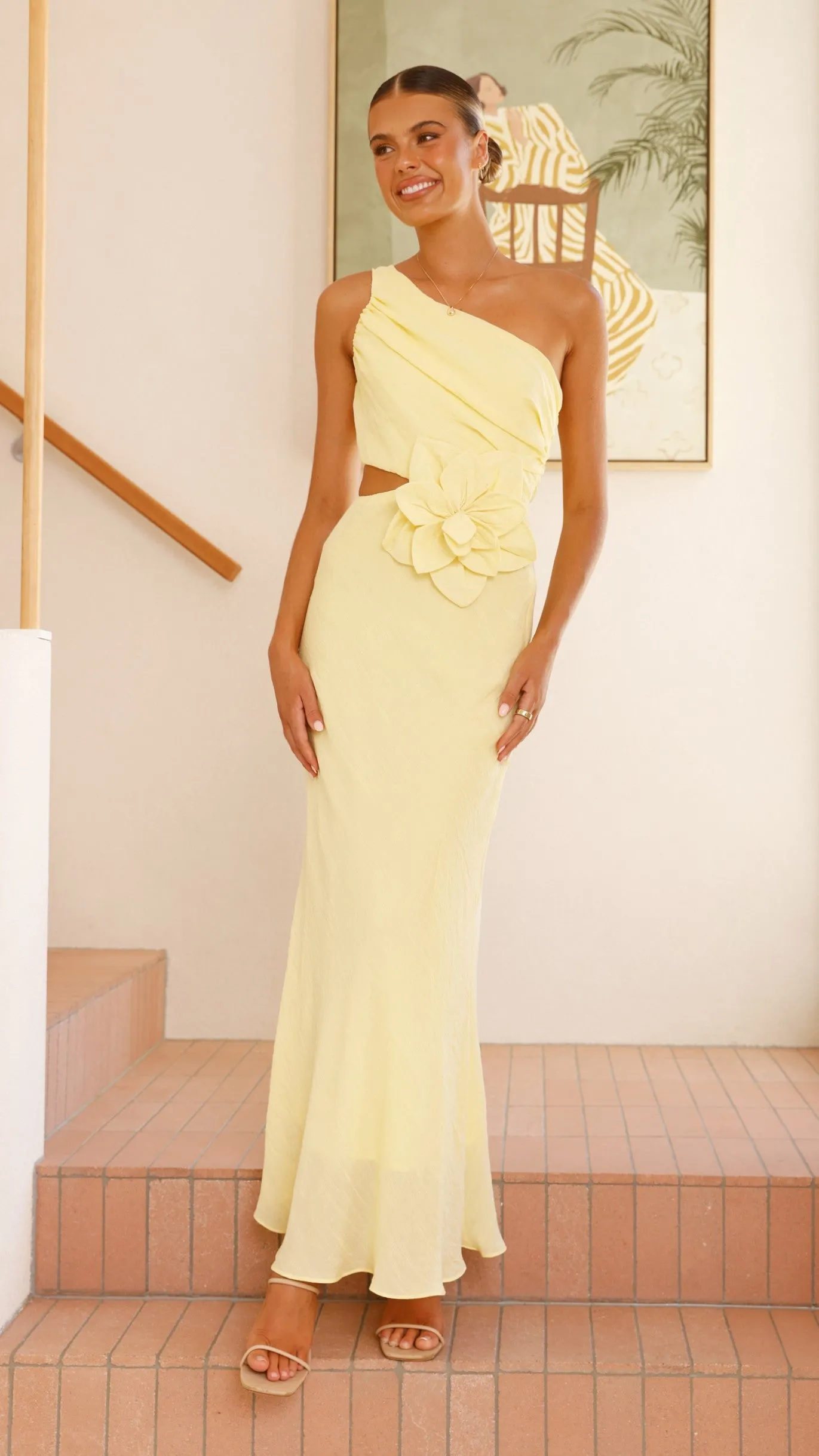 Bloom One Shoulder Cut Out Maxi Dress - Yellow Stylish boho dress Dance Floor
