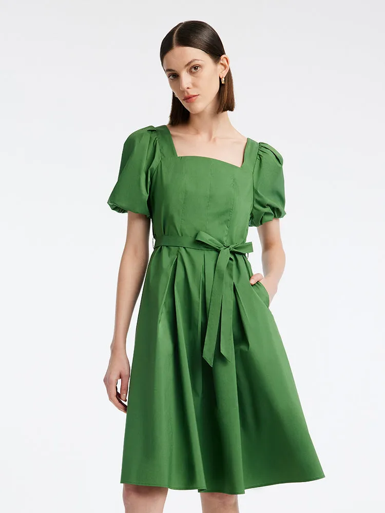Green Square Neck Puff Sleeve A-Line Mini Dress Star Edge Urban Style Wear