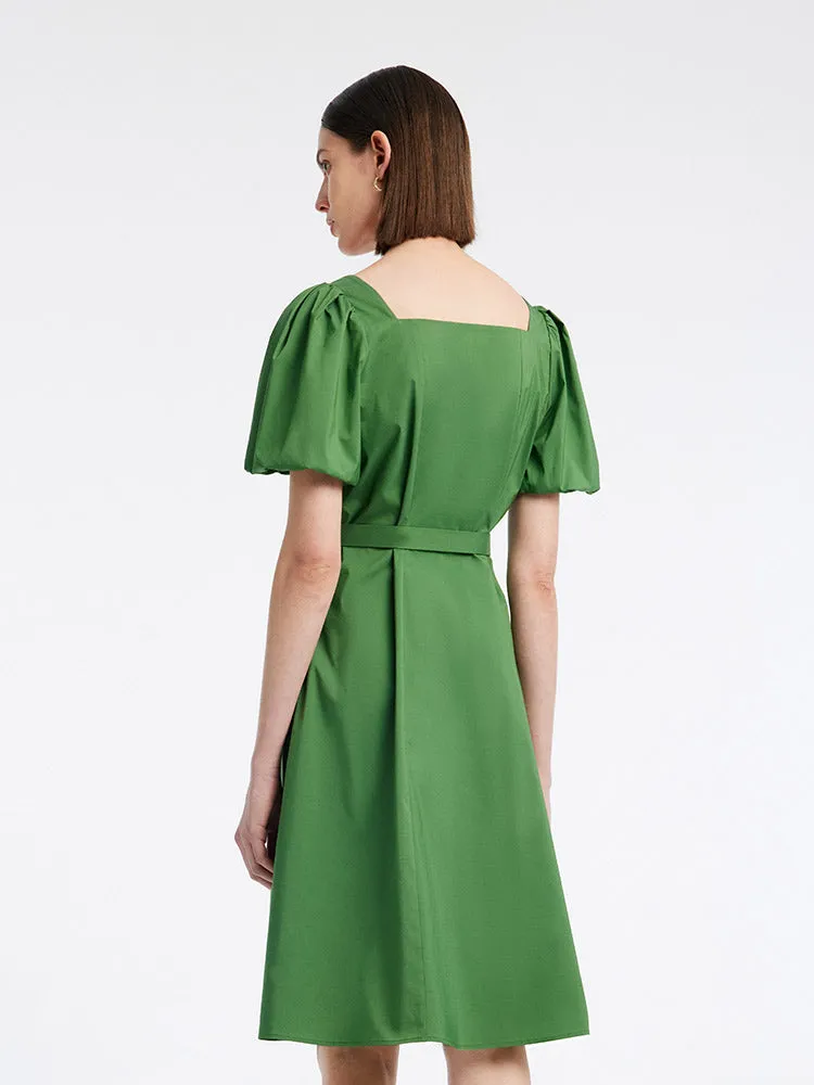 Green Square Neck Puff Sleeve A-Line Mini Dress Party Edge Star Beat