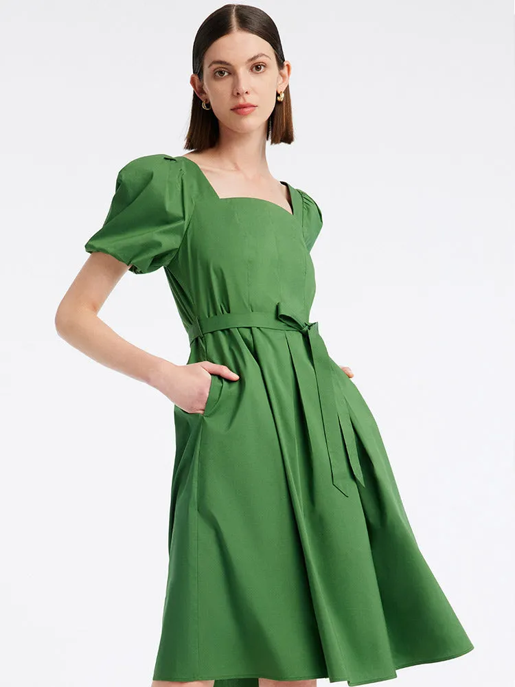 Light Reflective Eco Dye Green Square Neck Puff Sleeve A-Line Mini Dress