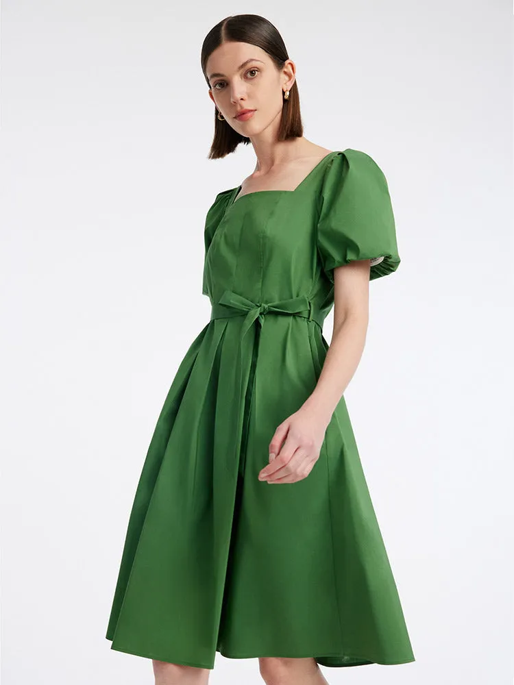 Party Snap Flair Mode Green Square Neck Puff Sleeve A-Line Mini Dress